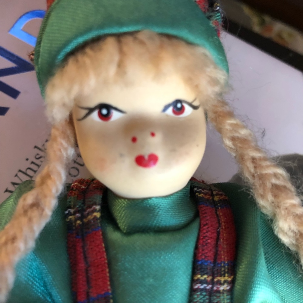 Vintage Sweet Scottish tartan dressed bisque doll in good condition, 5” H.